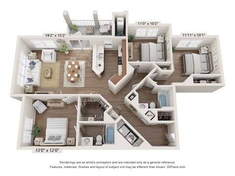 Floor plan for 3 beds, 2 baths, 1224 sqft